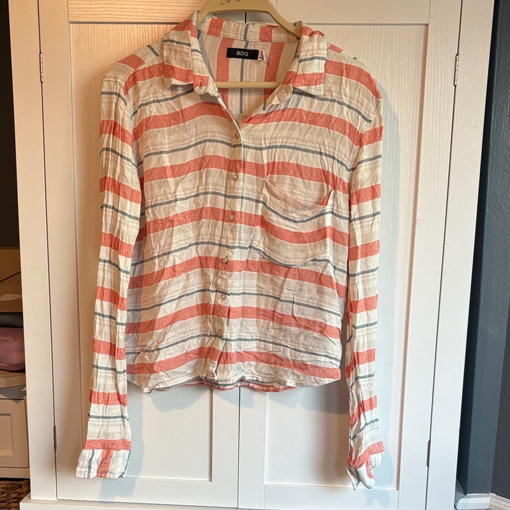 BDG Coral, Blue, and Cream Striped Casual Shirt